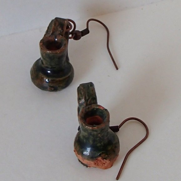 Terracotta Mexico Pottery OoaK Earrings Mini Glazed Handmade Copper Wires Rings - Picture 14 of 14